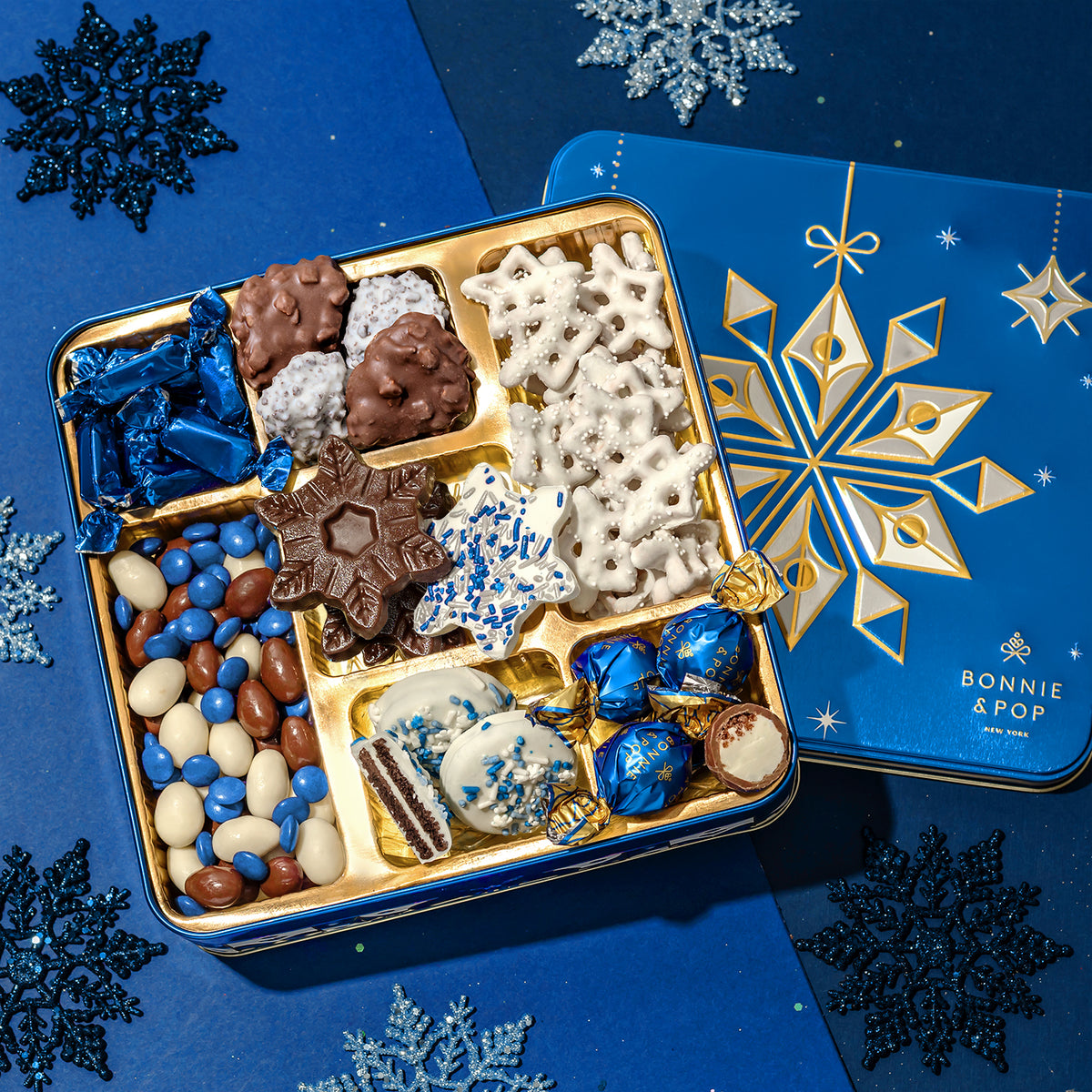 Christmas Gift – Blue Snowflake Holiday Tin with Gourmet Chocolates, Nuts & Cookies