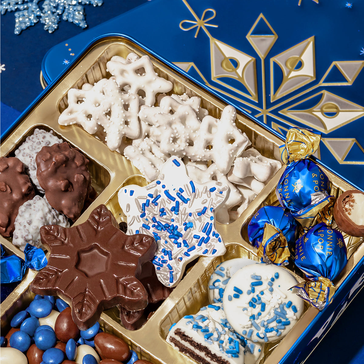 Christmas Gift – Blue Snowflake Holiday Tin with Gourmet Chocolates, Nuts & Cookies