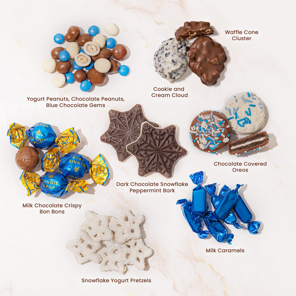 Christmas Gift – Blue Snowflake Holiday Tin with Gourmet Chocolates, Nuts & Cookies