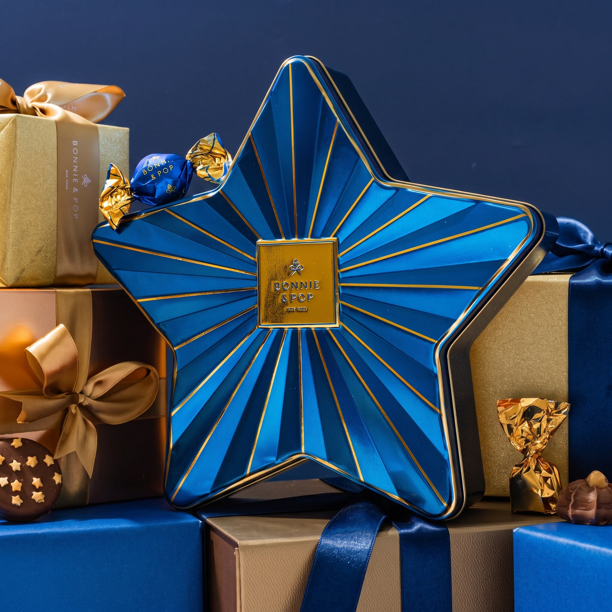 Christmas Chocolate Bon Bons Blue Star Tin – Gourmet Holiday Gift