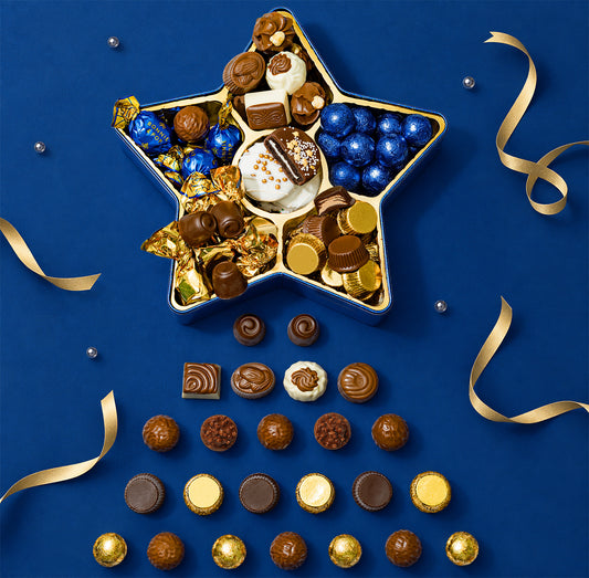 Christmas Chocolate Bon Bons Blue Star Tin – Gourmet Holiday Gift