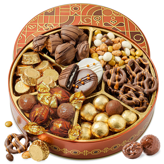Festive Gift Tin Filled with Truffles, Pretzels & Gourmet Chocolates for Thanksgiving