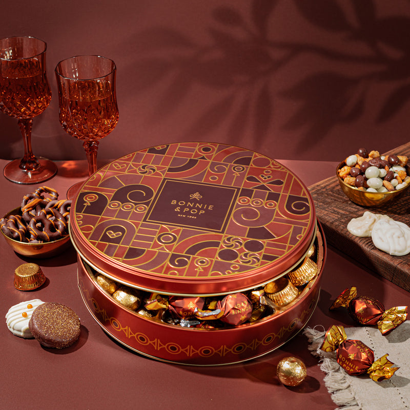 Festive Gift Tin Filled with Truffles, Pretzels & Gourmet Chocolates
