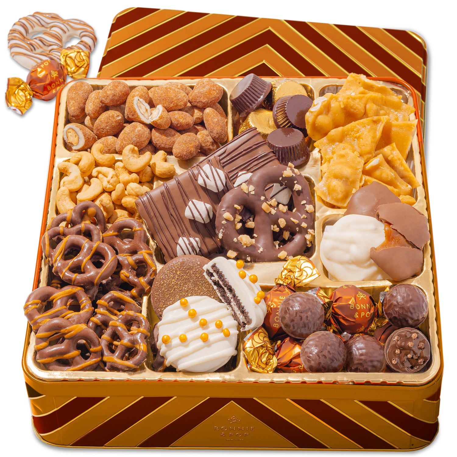 Holiday Gift Basket –  Deluxe Thanksgiving Gift Box with Gourmet Chocolate & Nut Assortment in Gold Tin- Bonnie and Pop