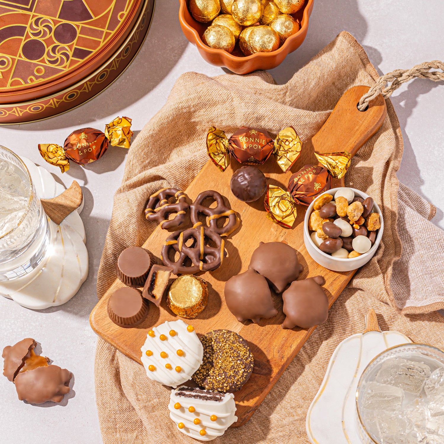 Festive Gift Tin Filled with Truffles, Pretzels & Gourmet