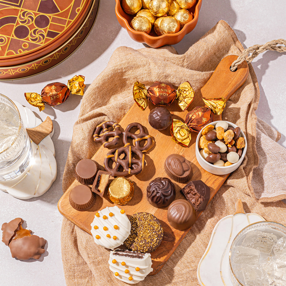 Festive Gift Tin Filled with Truffles, Pretzels & Gourmet Chocolates