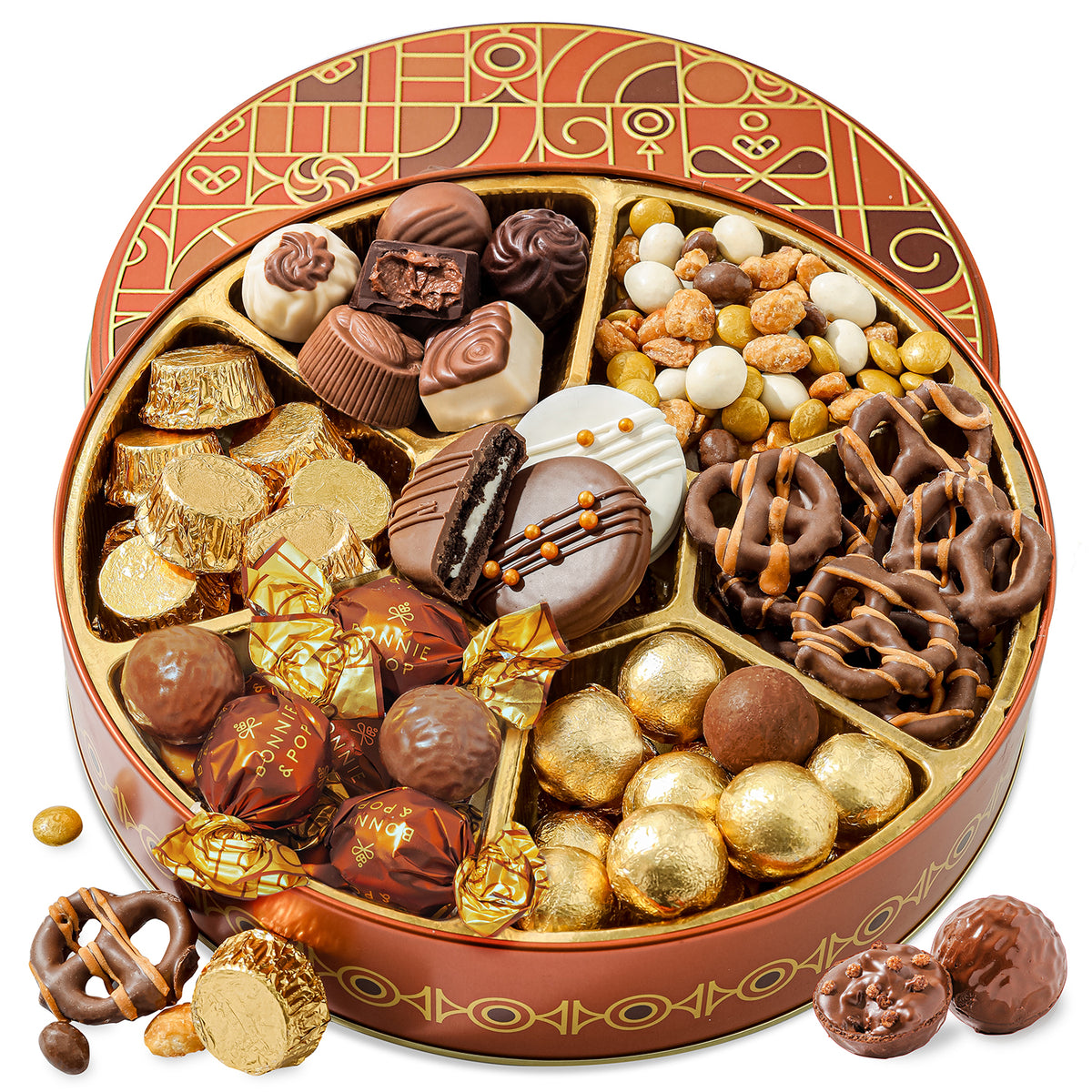 Festive Gift Tin Filled with Truffles, Pretzels & Gourmet Chocolates