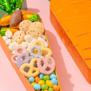 Easter Carrot Treat Tin Gift – Spring Candy Assortment with Caramels, Champagne Bubbles Candy, Candied Peanuts, Yogurt Pretzels & Shortbread Cookies