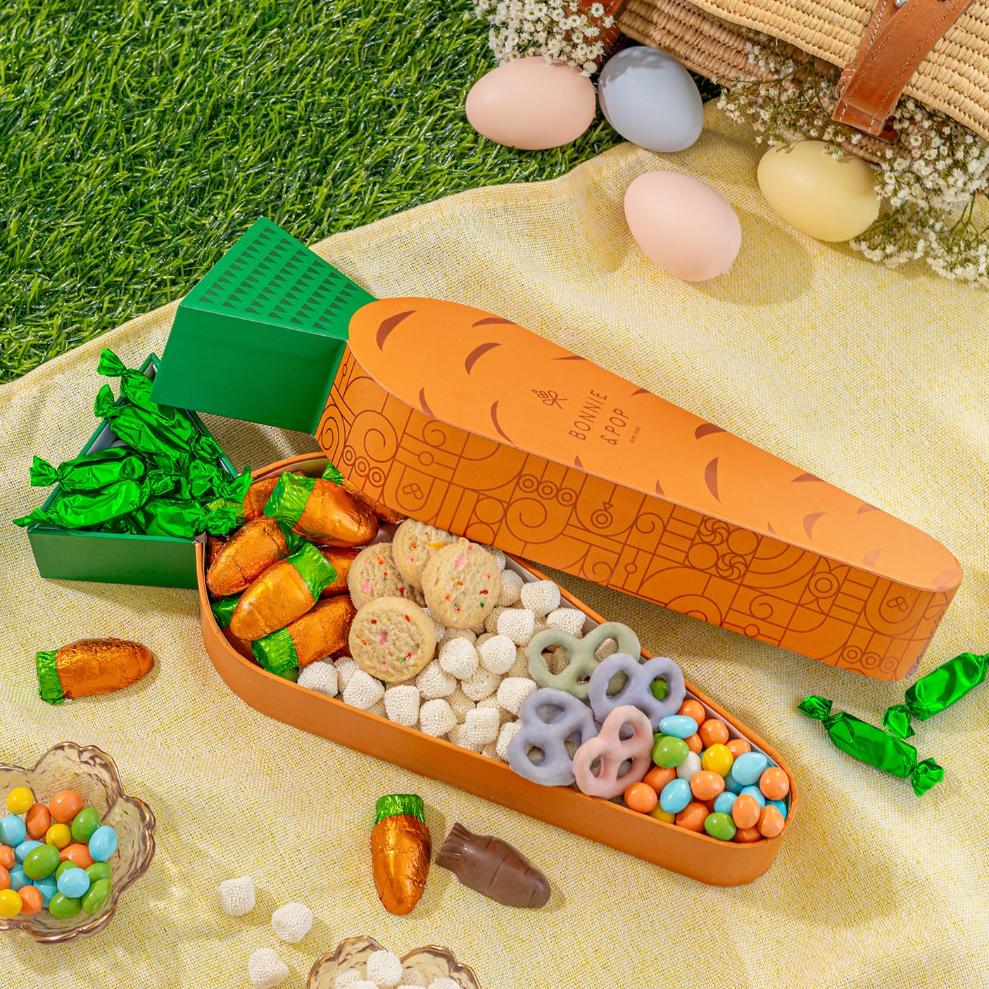 Easter Carrot Treat Tin Gift – Spring Candy Assortment with Caramels, Champagne Bubbles Candy, Candied Peanuts, Yogurt Pretzels & Shortbread Cookies