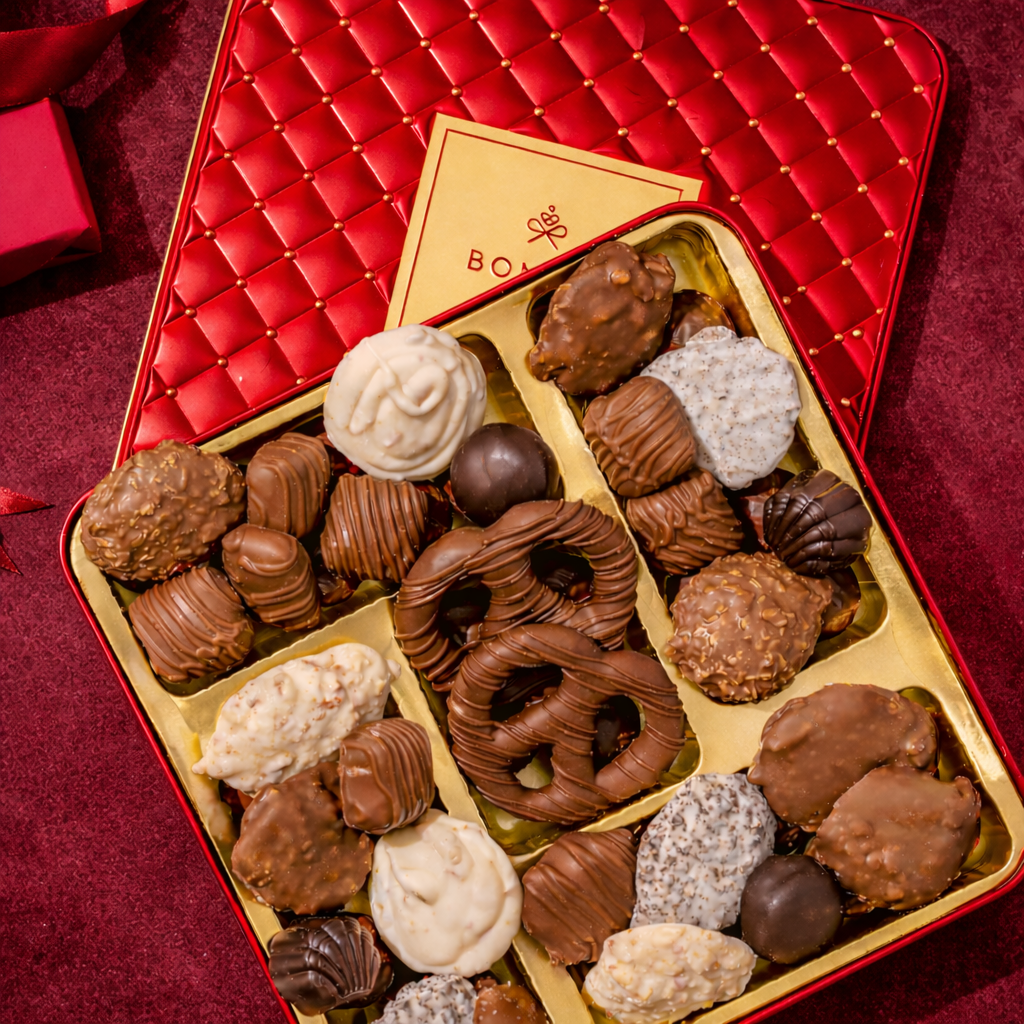 Chinese New Year Chocolate Gift – Gourmet Tin with Assorted Chocolates & Caramels in Red Tin for Lunar New Year