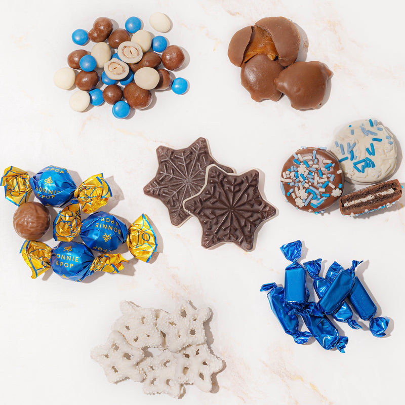 Christmas Gift – Blue Snowflake Holiday Tin with Gourmet Chocolates, Nuts & Cookies