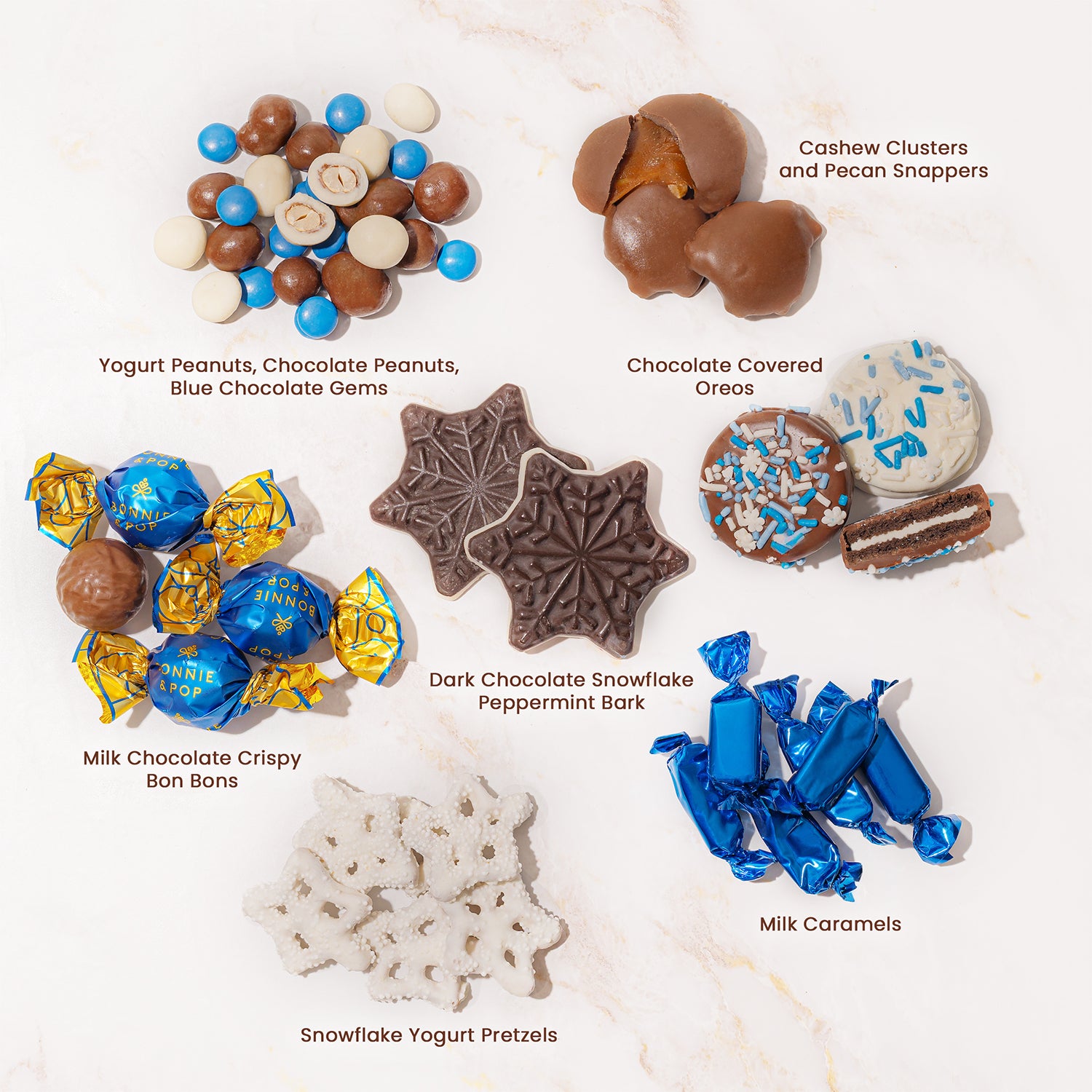 Christmas Gift – Blue Snowflake Holiday Tin with Gourmet Chocolates, Nuts & Cookies