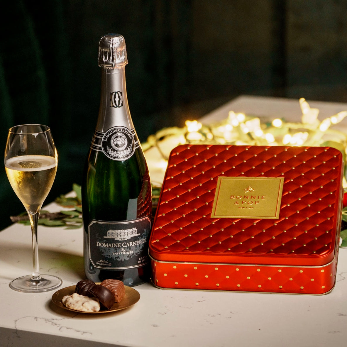Luxury Sparkling Wine & Chocolate Gift Set – Bonnie & Pop x Domaine Carneros | Elegant Wine & Chocolate Gift Box for Christmas, Anniversary & Corporate Gifting