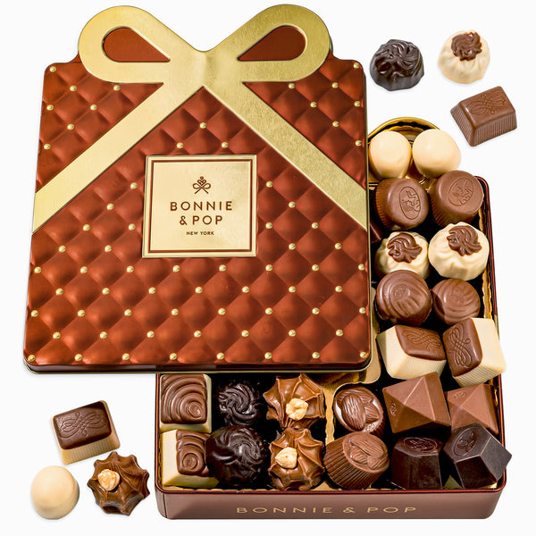 Gourmet Chocolate Gift Box – Elegant Bow Tin with Belgian Truffles - Copper