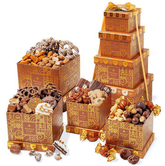 Chocolate Gift Tower – Gourmet Holiday Tower with Belgian Truffles, Caramels & Festive Treats
