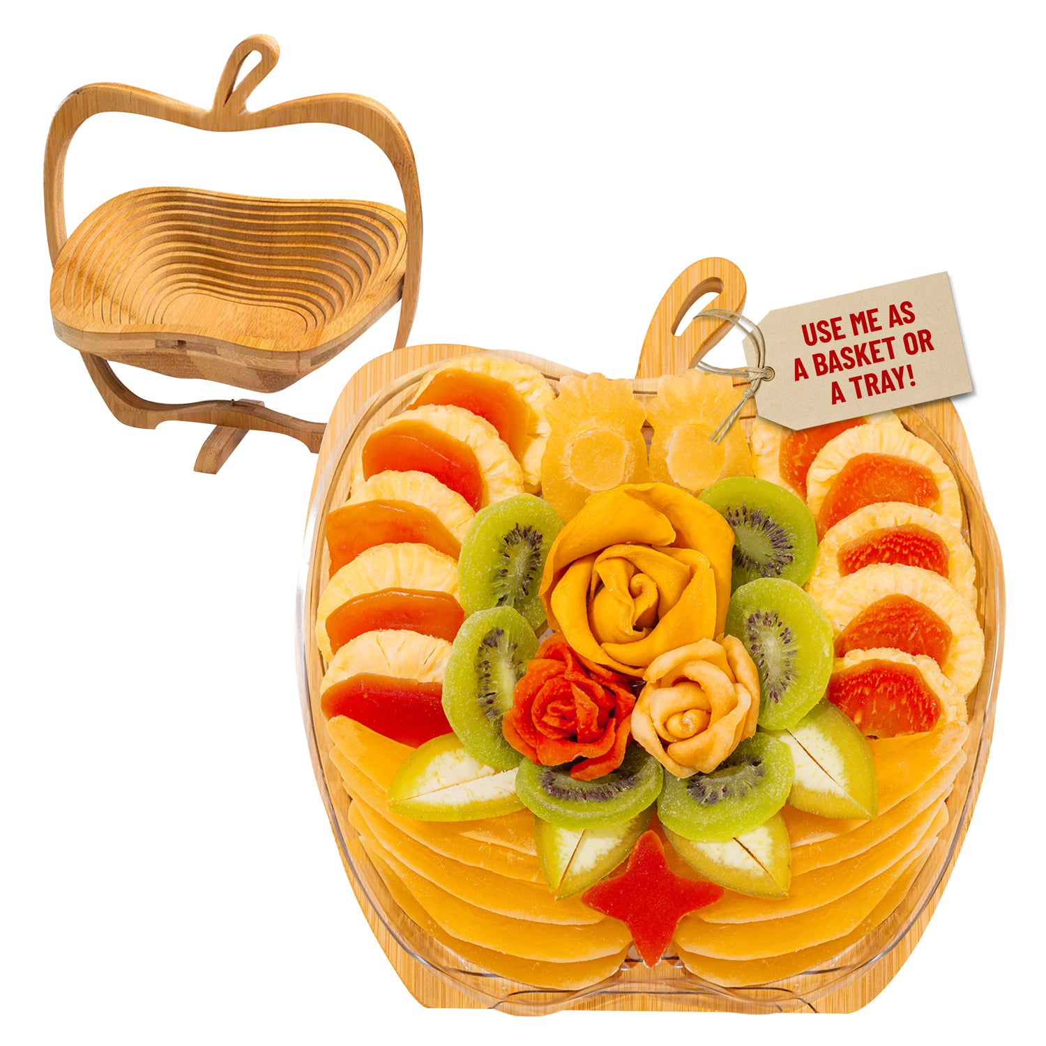 Dried Fruit Gift Basket with Wooden Tray – Exotic, Healthy Fruit Variety