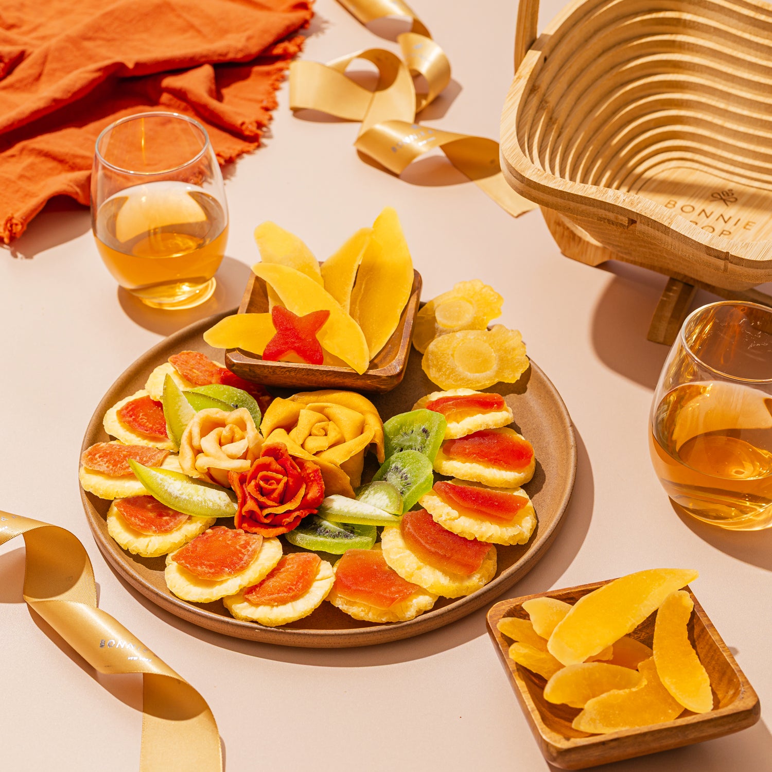 Dried Fruit Gift Basket with Wooden Tray – Exotic, Healthy Fruit Variety