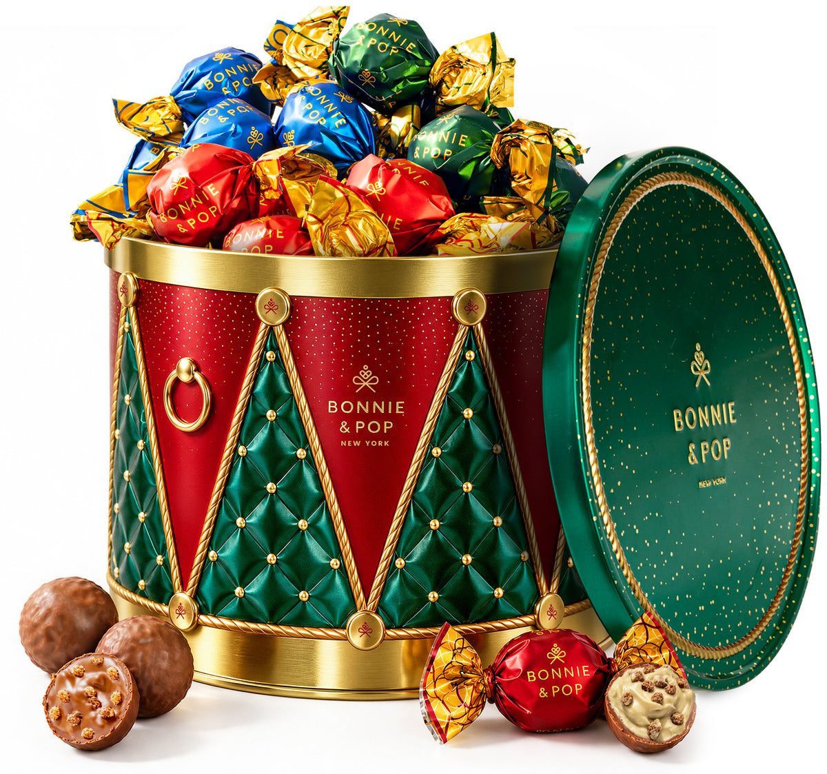 Christmas Chocolate Bon Bons Gift Tin – Hazelnut, Milk & Pistachio