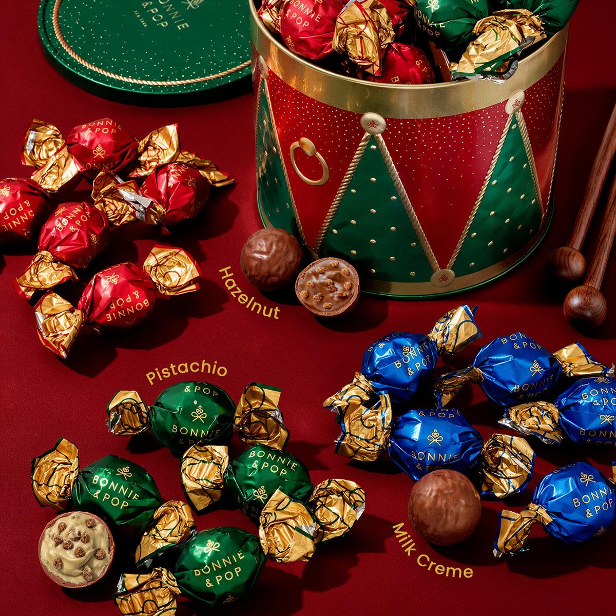 Christmas Chocolate Bon Bons Gift Tin – Hazelnut, Milk & Pistachio