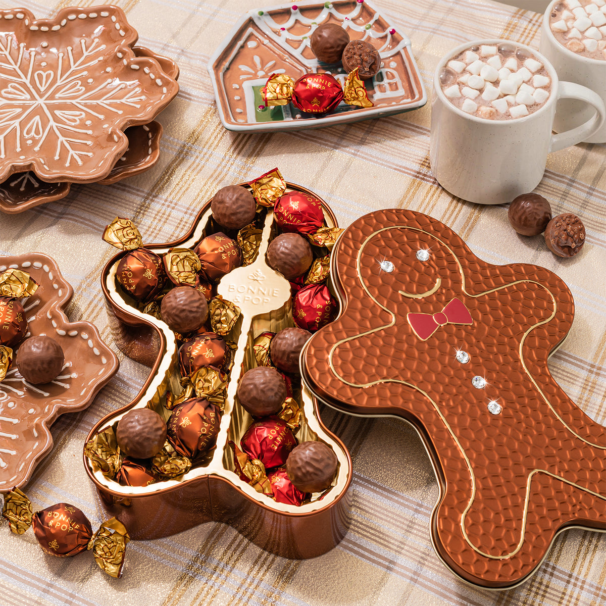 Christmas Gift – Gold Gingerbread Tin Filled with Festive Red & Gold Bon Bons
