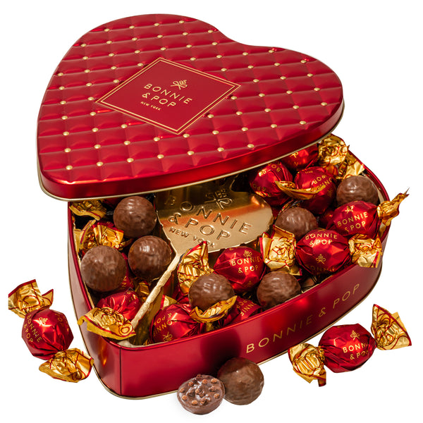 Valentines Day Chocolate Gift- Heart Shaped Tin with Chocolate Hazelnut Bon Bons