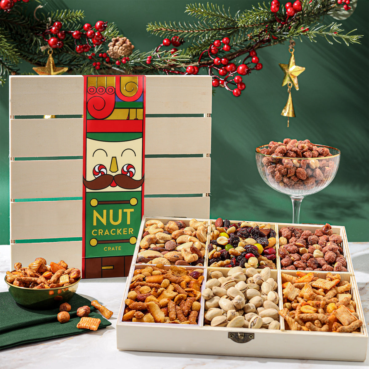 Nutcracker-Themed Wooden Crate with Gourmet Savory Snacks- Christmas Gift Basket