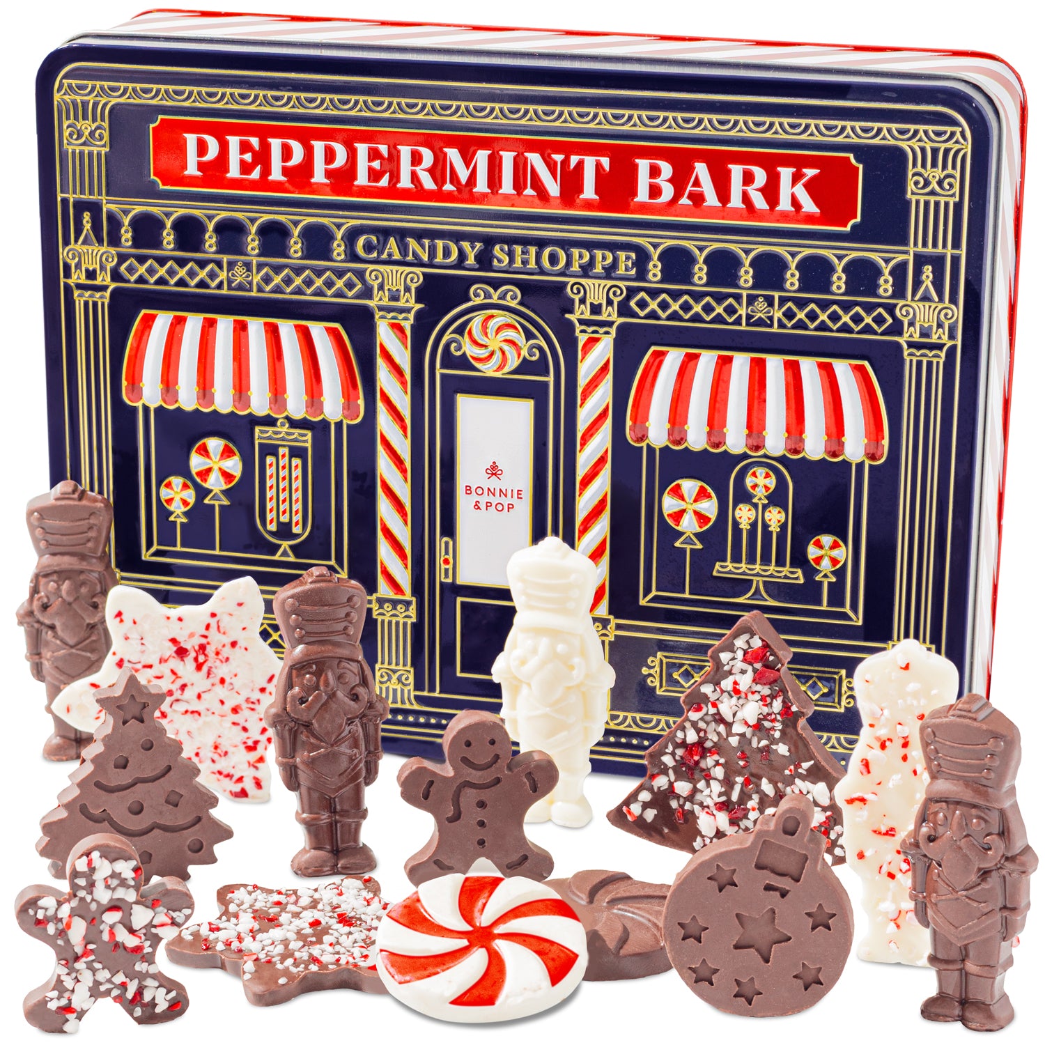 Christmas Gift – Peppermint Bark Gift Tin with Holiday-Shaped Chocolates