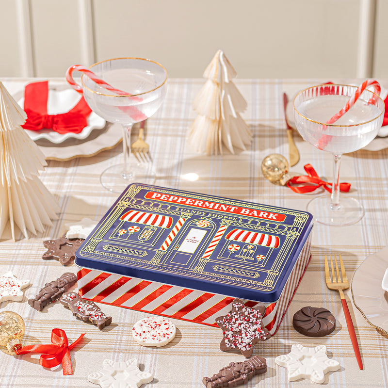 Christmas Gift – Peppermint Bark Gift Tin with Holiday-Shaped Chocolates