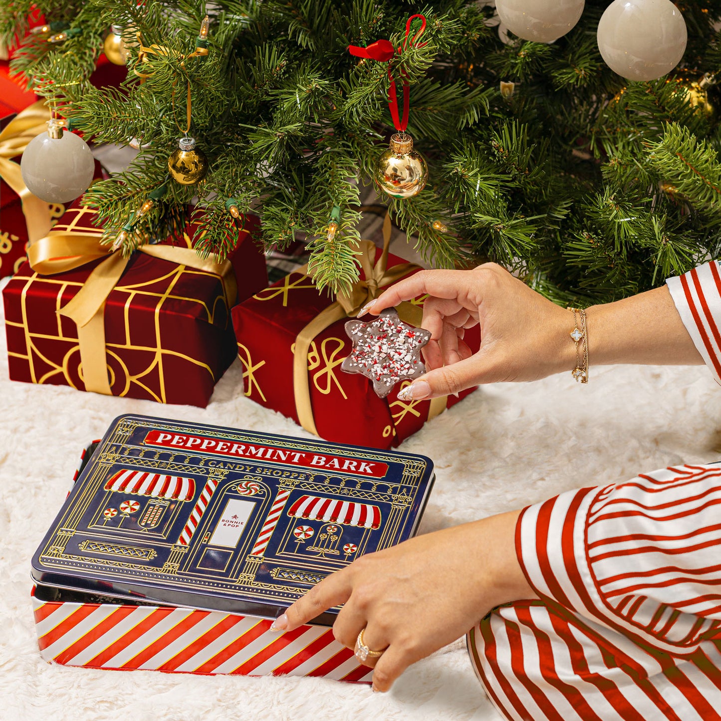 Christmas Gift – Peppermint Bark Gift Tin with Holiday-Shaped Chocolates