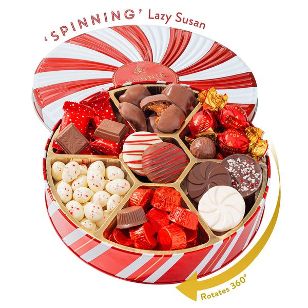 Christmas Gift Basket – Holiday Treat Tin with Built-in Lazy Susan