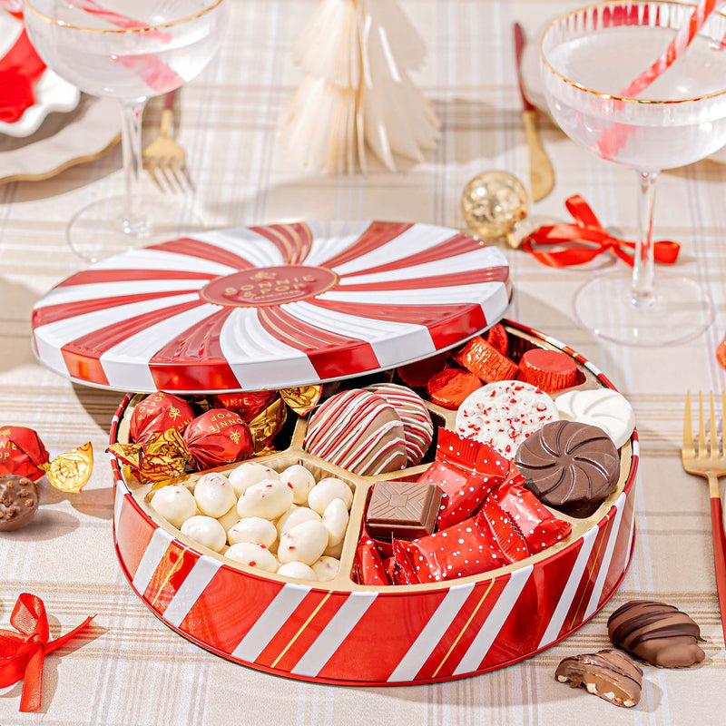Christmas Gift Basket – Holiday Treat Tin with Built-in Lazy Susan
