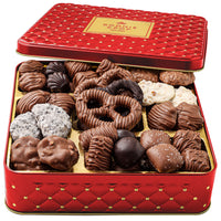 Chocolate Christmas Gift – Gourmet Holiday Tin with Assorted Chocolates & Caramels in Red Tin