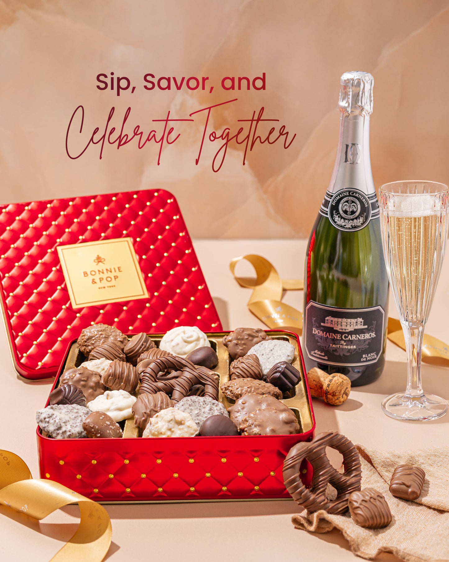 Luxury Sparkling Wine & Chocolate Gift Set – Bonnie & Pop x Domaine Carneros | Elegant Wine & Chocolate Gift Box for Christmas, Anniversary & Corporate Gifting