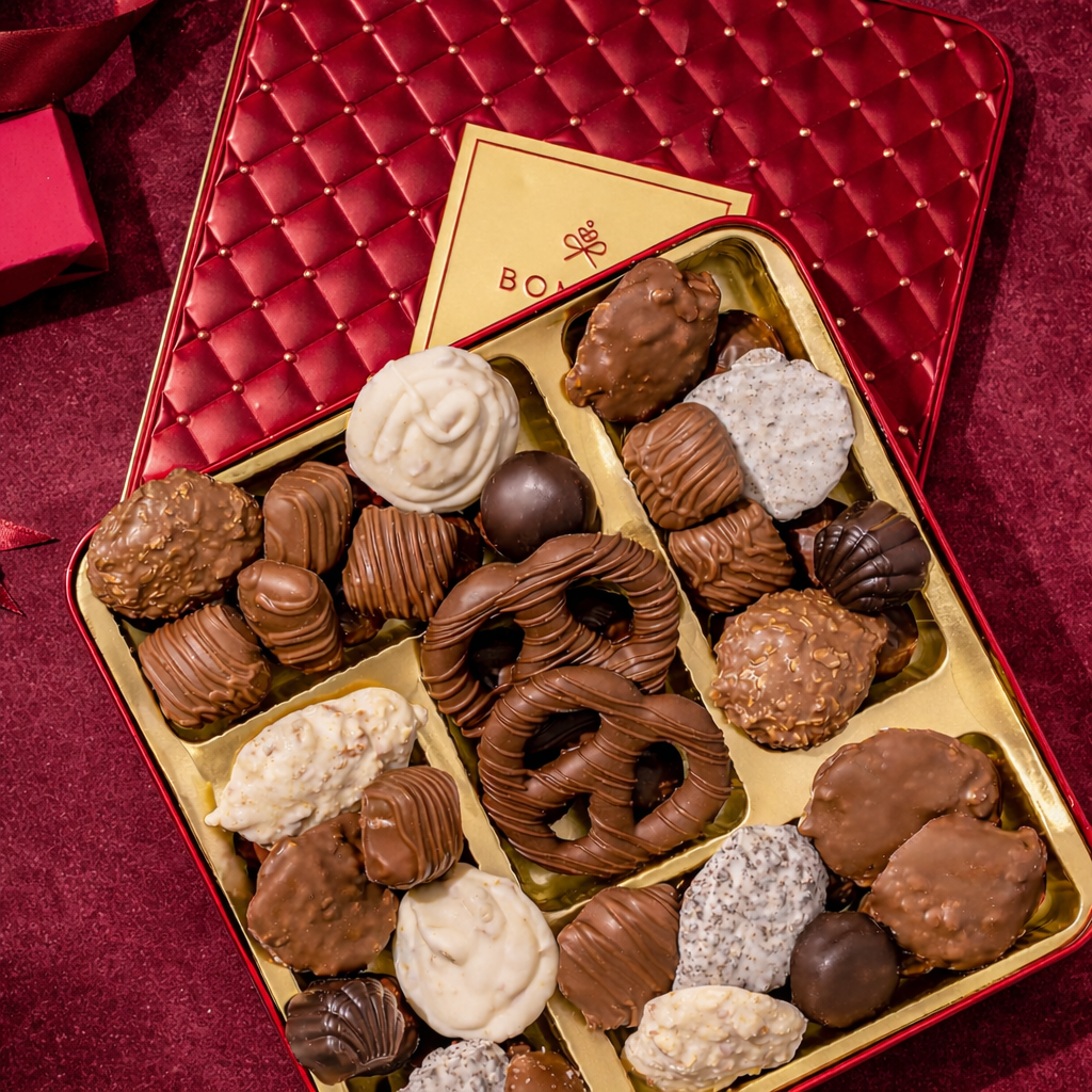 Chocolate Christmas Gift – Gourmet Holiday Tin with Assorted Chocolates & Caramels in Red Tin