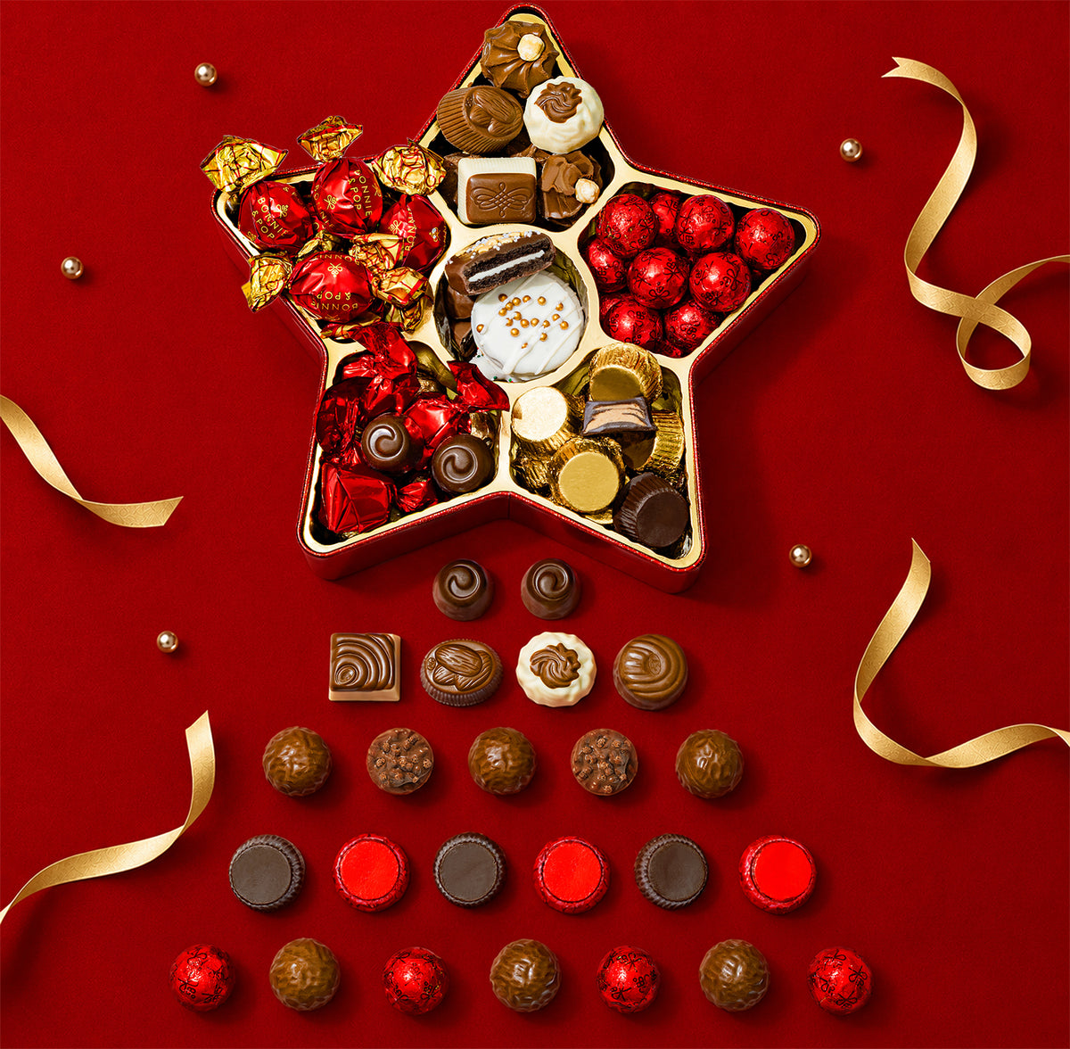 Christmas Chocolate Bon Bons Red Star Tin – Gourmet Holiday Gift