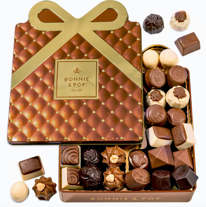 Gourmet Chocolate Gift Box – Elegant Bow Tin with Belgian Truffles - Copper