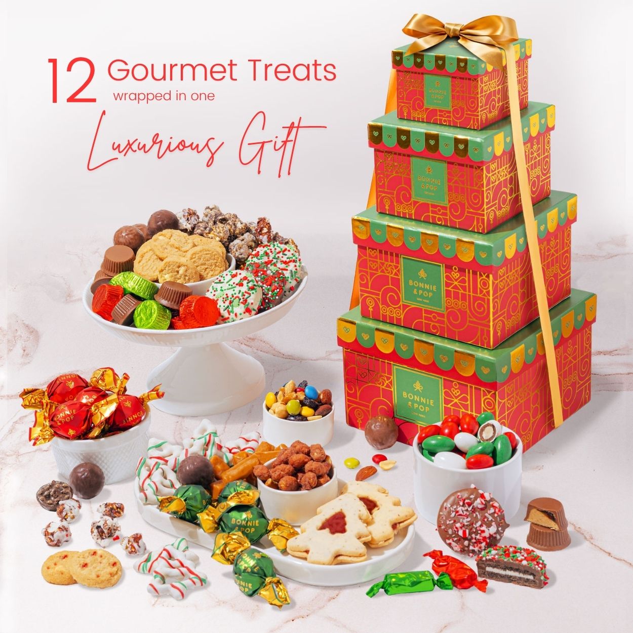 Christmas Gift Basket – Four-Tier Tower of Holiday Chocolates, Caramels & Treats