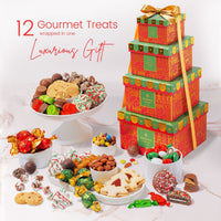 Christmas Gift Basket – Four-Tier Tower of Holiday Chocolates, Caramels & Treats