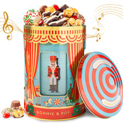 Decorative candy tin with a Nutcracker design and candy inside, featuring the brand 'Bonnie & Pop'.