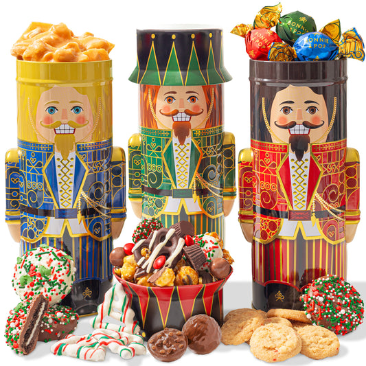 Christmas Gift Basket – Chocolate & Holiday Treat Trio in Nutcracker Toy Soldier Tins