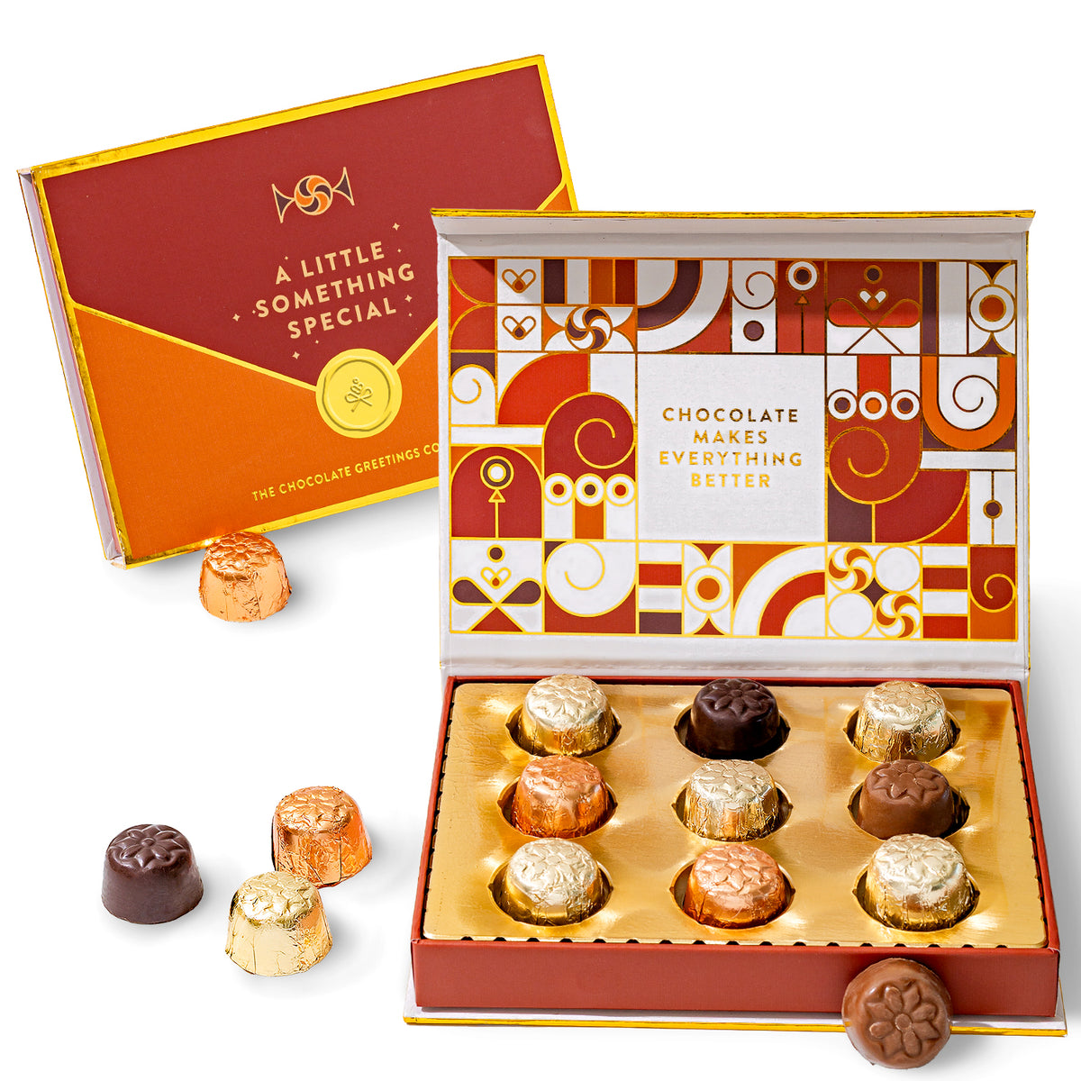 Every Occassion Chocolate Gift Box | Edible Greeting Card Gift. This product is a boxed chocolate gift set featuring nine assorted chocolates in a premium, rectangular, hinged-lid box