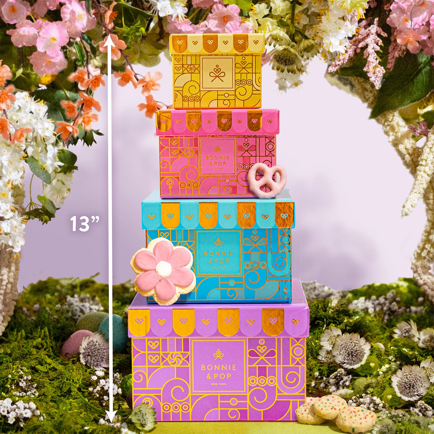 Summer Gift Tower, Gourmet Candy & Snack Box Assortment with Popcorn, Cookies, Taffy, Nuts, Caramels & Sweet Treats - Bonnie & Pop