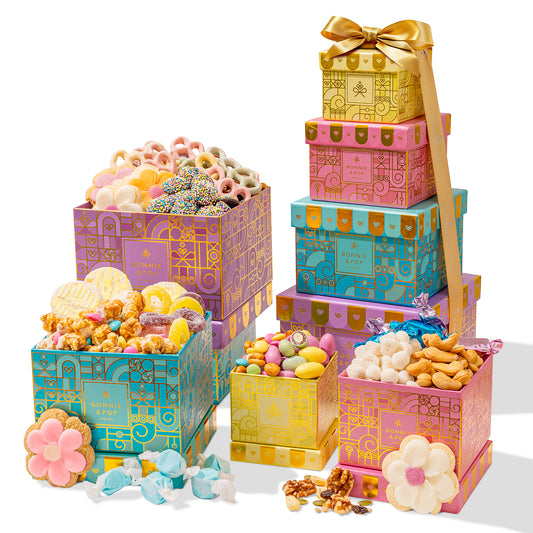 Spring Easter Gift Tower – Assorted Gourmet Snacks & Sweets Gift Boxes, Popcorn, Cookies, Yogurt Pretzels, Almonds, Taffy, Caramels & Nuts