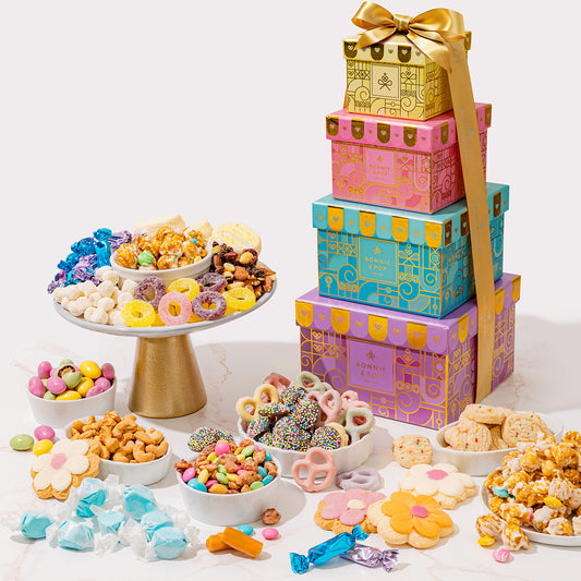 Spring Easter Gift Tower – Assorted Gourmet Snacks & Sweets Gift Boxes, Popcorn, Cookies, Yogurt Pretzels, Almonds, Taffy, Caramels & Nuts