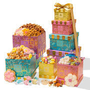 Summer Gift Tower, Gourmet Candy & Snack Box Assortment with Popcorn, Cookies, Taffy, Nuts, Caramels & Sweet Treats - Bonnie & Pop