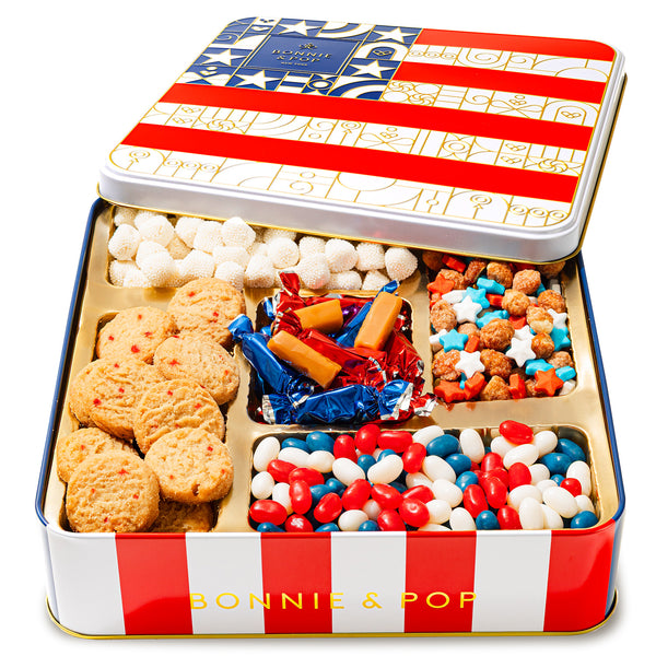 The Americana Gift Tin- Red, White, and Blue Patriotic Candy Sampler