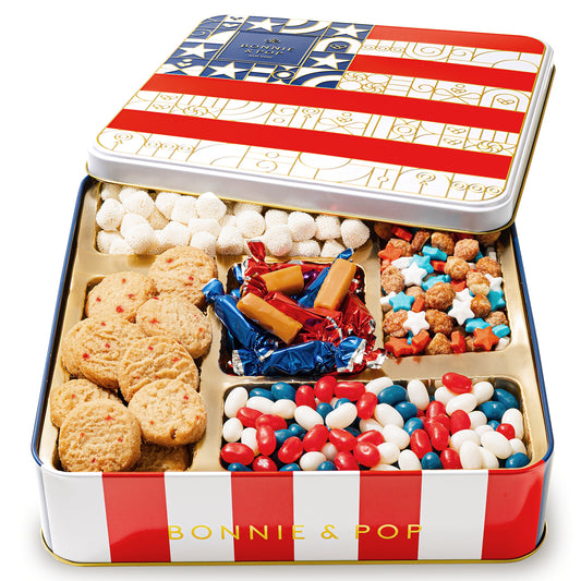 The Americana Gift Tin- Red, White, and Blue Patriotic Candy Sampler