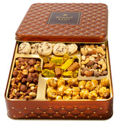 Elegant Square Gift Tin with Chocolate, Nuts & Caramel Treats