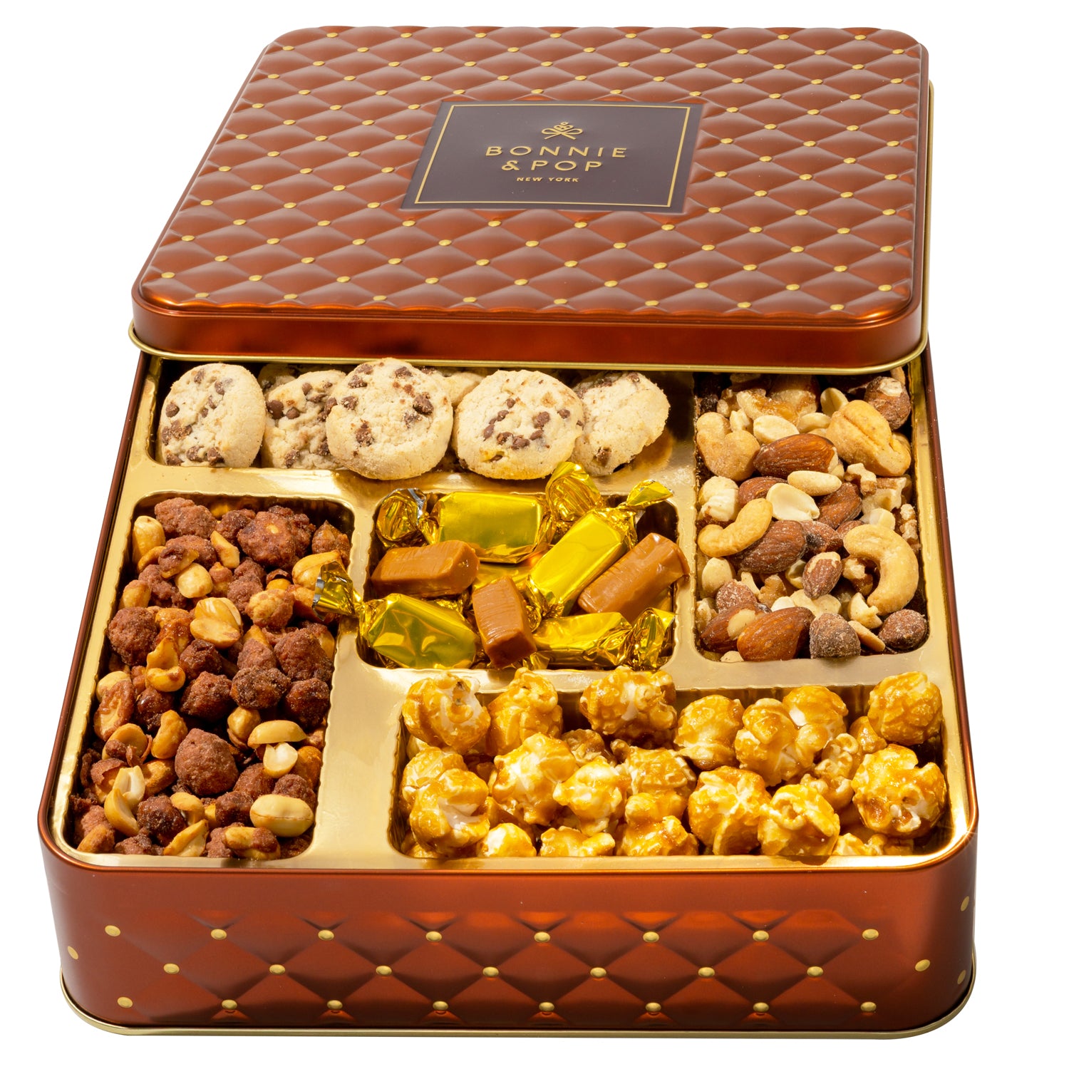 Elegant Square Gift Tin with Chocolate, Nuts & Caramel Treats