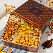 Elegant Square Gift Tin with Chocolate, Nuts & Caramel Treats